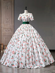 Party Dress Shopping, Beautiful Cherry Pattern Long Princess Prom Dress, White A-Line Short Sleeve Evening Party Dress