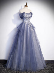 Evening Dress Near Me, Charming Tulle Sequins A-Line Prom Dresses, Off the Shoulder Floor-Length Formal Dresses