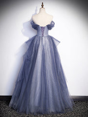 Evening Dresses Near Me, Charming Tulle Sequins A-Line Prom Dresses, Off the Shoulder Floor-Length Formal Dresses