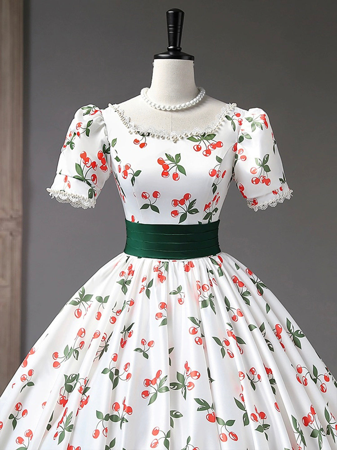 Party Dress Shops, Beautiful Cherry Pattern Long Princess Prom Dress, White A-Line Short Sleeve Evening Party Dress