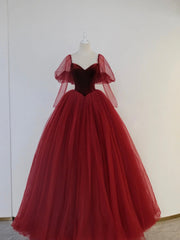 Homecoming Dress Sparkles, Burgundy Velvet and Tulle Floor Length Formal Dress, A-Line Long Sleeve Tulle Evening Party Dress