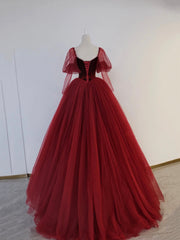 Homecoming Dresses Sparkles, Burgundy Velvet and Tulle Floor Length Formal Dress, A-Line Long Sleeve Tulle Evening Party Dress