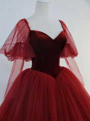 Homecoming Dress Sparkle, Burgundy Velvet and Tulle Floor Length Formal Dress, A-Line Long Sleeve Tulle Evening Party Dress