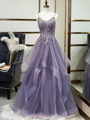 Bridesmaid Dress Spring, Purple Spaghetti Straps Lace Prom Dress, Lovely Tulle Corset Floor Length Evening Dress