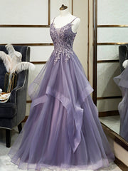 Bridesmaid Dresses Fall Wedding, Purple Spaghetti Straps Lace Prom Dress, Lovely Tulle Corset Floor Length Evening Dress