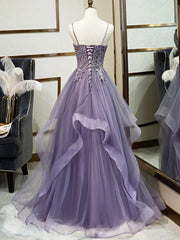 Bridesmaids Dresses Fall Wedding, Purple Spaghetti Straps Lace Prom Dress, Lovely Tulle Corset Floor Length Evening Dress