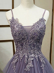 Bridesmaid Dress Fall Wedding, Purple Spaghetti Straps Lace Prom Dress, Lovely Tulle Corset Floor Length Evening Dress