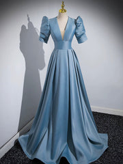 Bridesmaids Dresses Online, Blue Floor Length V-Neck Satin Prom Dress, Simple A-Line Evening Dress