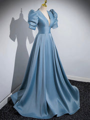 Bridesmaids Dress Online, Blue Floor Length V-Neck Satin Prom Dress, Simple A-Line Evening Dress