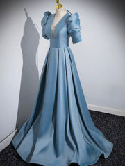 Bridesmaid Dress Shops Near Me, Blue Floor Length V-Neck Satin Prom Dress, Simple A-Line Evening Dress