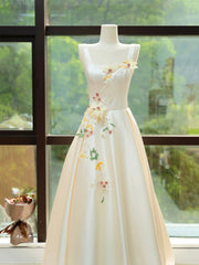 Formal Dress Inspo, Elegant Satin Floor Length Formal Dress with 3D Flowers, Light Champagne A-Line Evening Party Dress